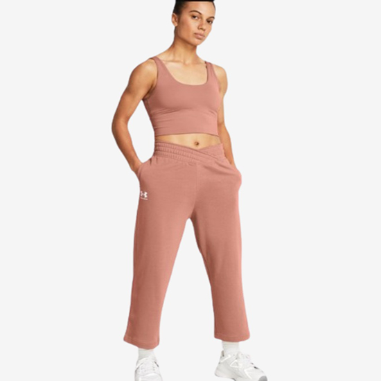 UNDER ARMOUR ž hlače 1382737-696 UA RIVAL TERRY WIDE LEG CROP PANTS canyon pink white